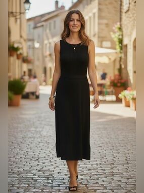 CALVIN KLEIN Black Ribbed Knit Fit n Flare Midi Dress Medium NWT Minimalist LBD